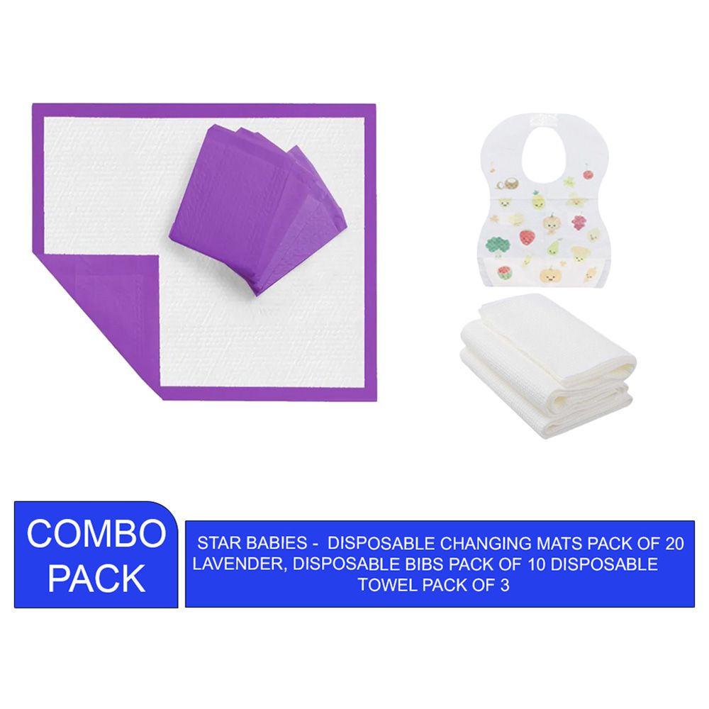 Star Babies - Disposable Changing Mat 20pcs & Disposable Towel 3pcs & Bibs 20pcs - Lavender