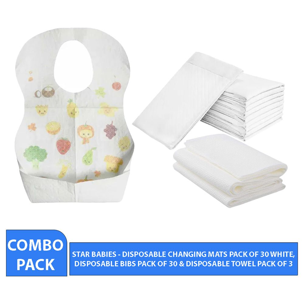 Star Babies - Disposable Changing Mat 30pcs & Disposable Towel 3pcs & Bibs 30pcs - White