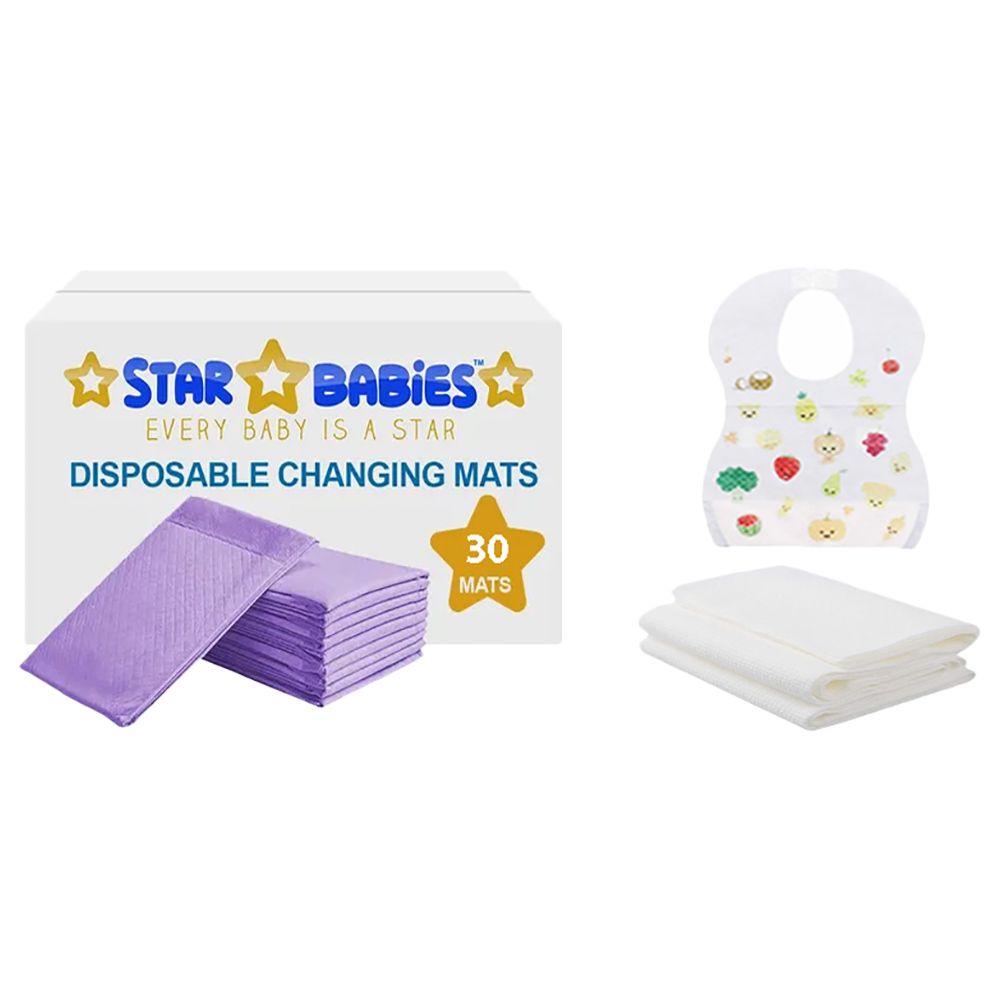 Star Babies - Disposable Changing Mat 30pcs & Disposable Towel 3pcs & Bibs 30pcs - Lavender