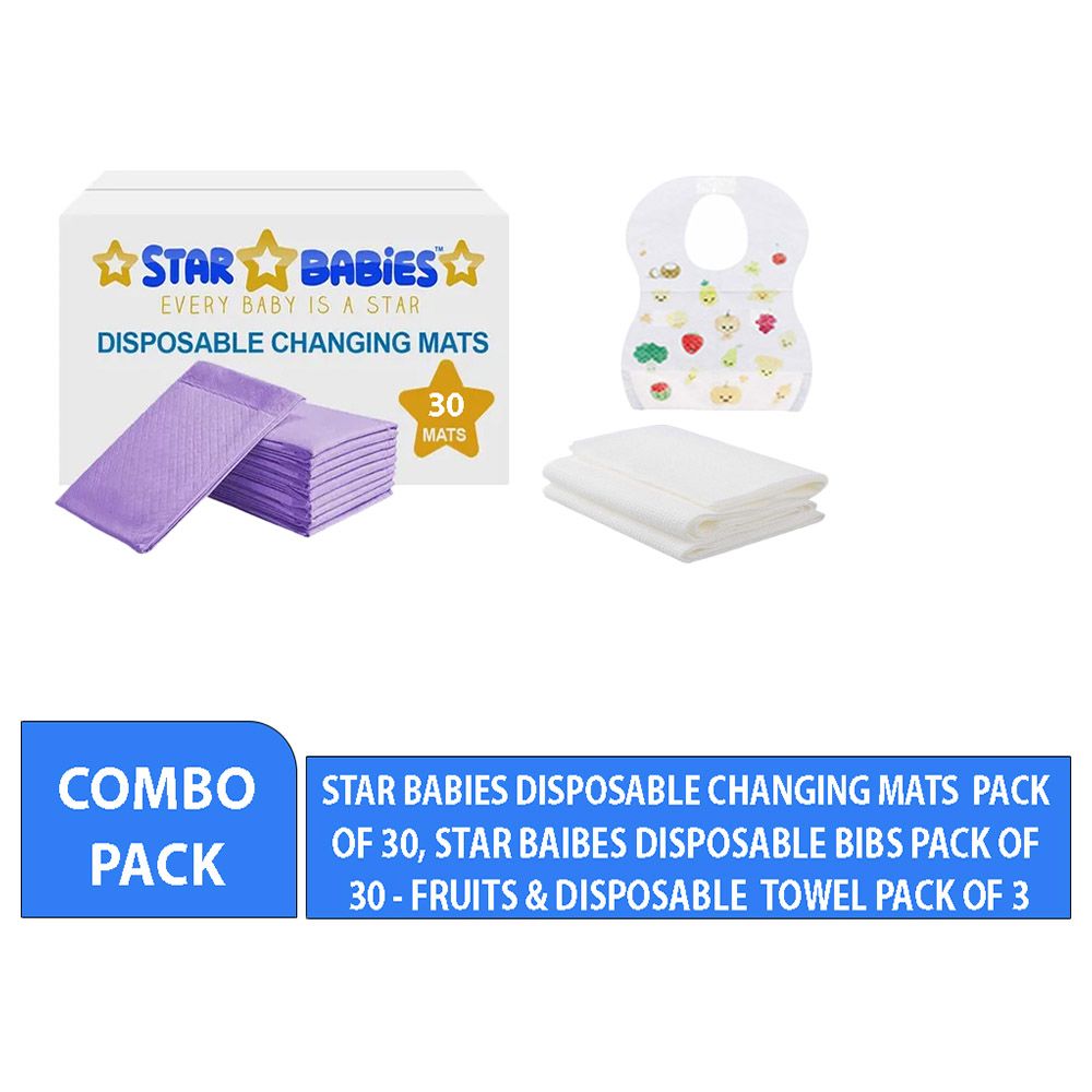 Star Babies - Disposable Changing Mat 30pcs & Disposable Towel 3pcs & Bibs 30pcs - Lavender