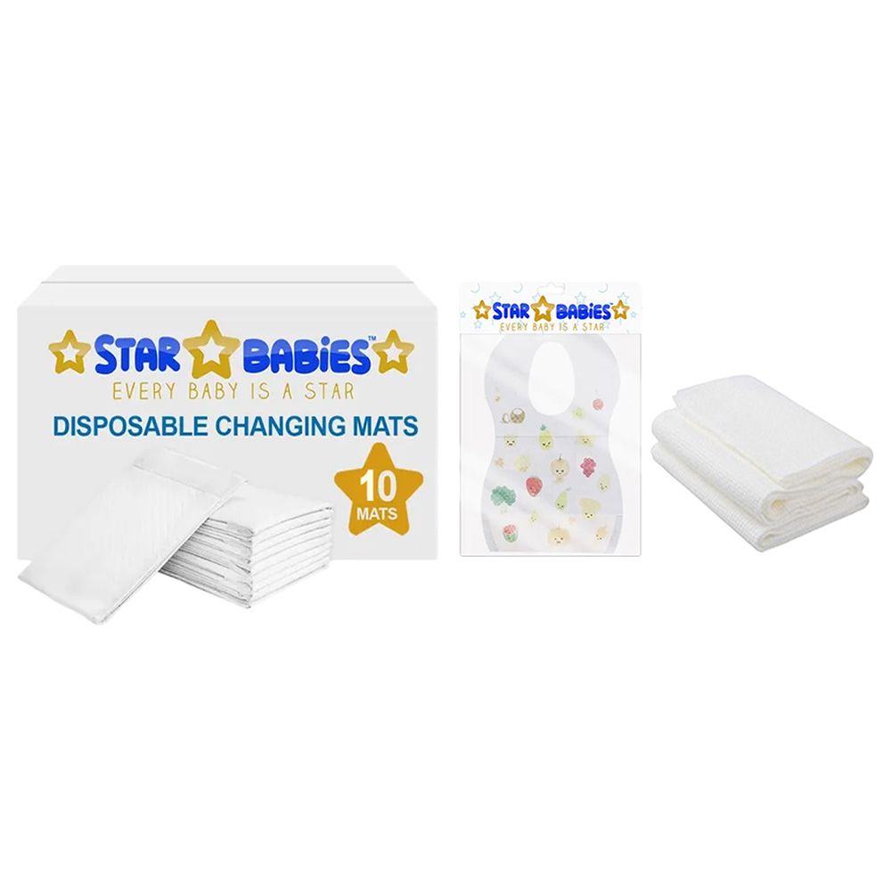 Star Babies - Changing Mat 10pcs & Bibs 10pcs & Disposable Towel 3pcs - White