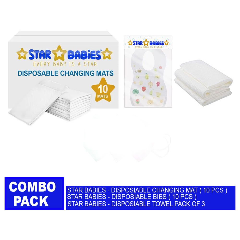 Star Babies - Changing Mat 10pcs & Bibs 10pcs & Disposable Towel 3pcs - White