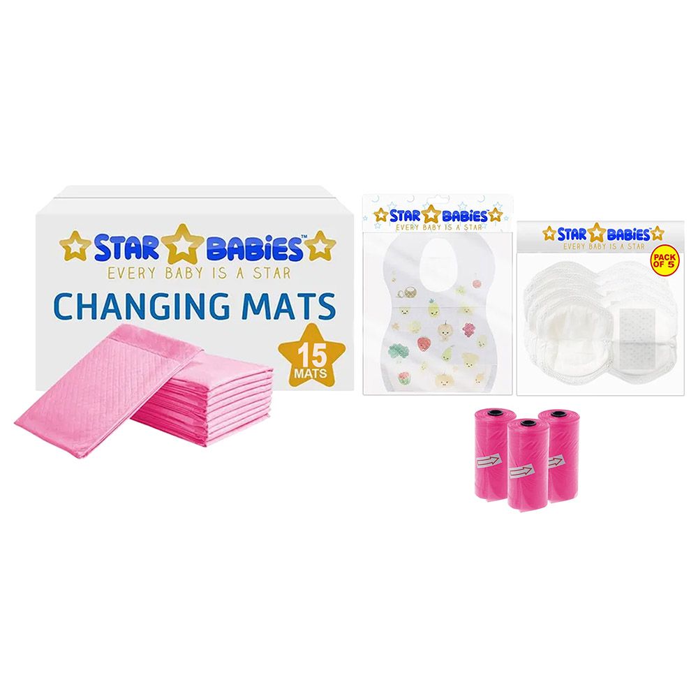 Star Babies - Changing Mat 15pcs & Bibs 15pcs & Scented Bag 3pcs & Breast Pad 5pcs - Pink