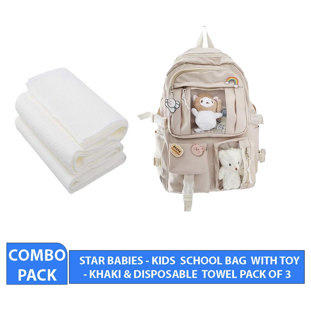 Star Babies - Kids School Bag - 15.75-Inch w/ Disposable Towel - 3pcs - Cream