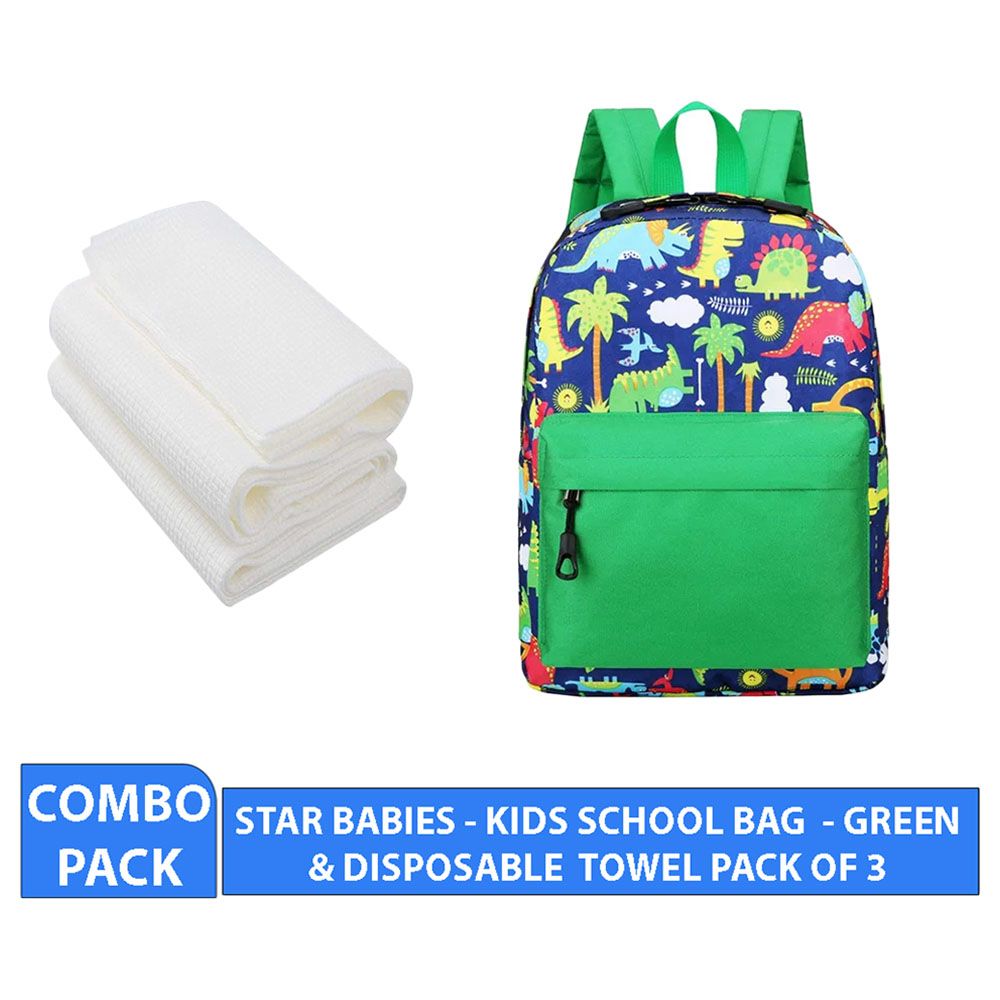 Star Babies - Kids School Bag - 10.24-Inch w/ Disposable Towel - 3pcs - Green Print