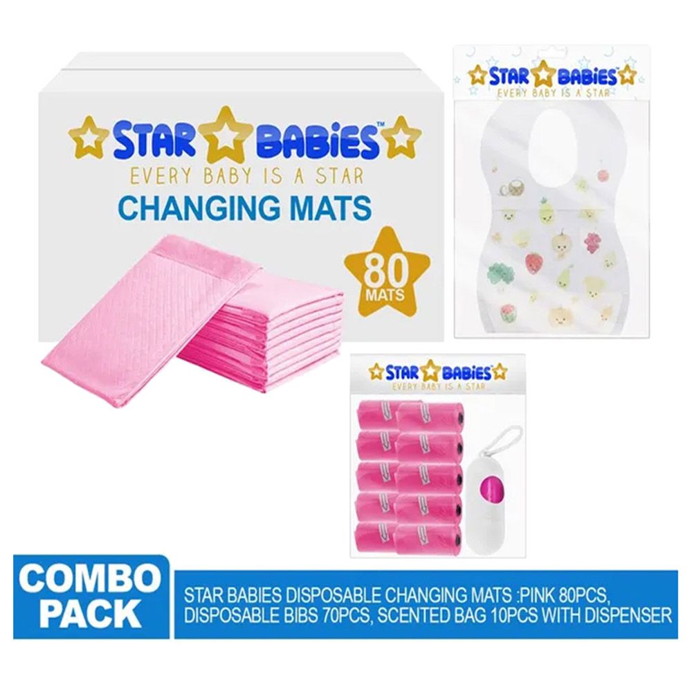 Star Babies - Disposable Changing Mat 80pcs & Scented Bag 10pcss & Bibs 70pcs - Pink