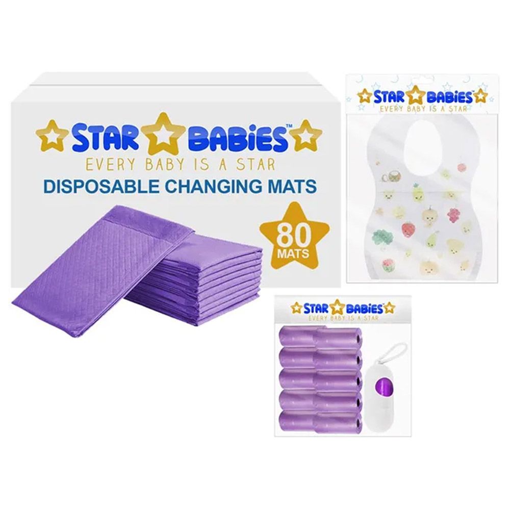 Star Babies - Disposable Changing Mat 80pcs & Scented Bag 10pcss & Bibs 70pcs - Lavender