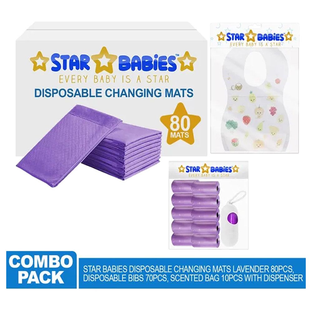 Star Babies - Disposable Changing Mat 80pcs & Scented Bag 10pcss & Bibs 70pcs - Lavender