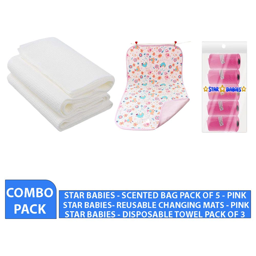 Star Babies - Reusable Changing Mat & Scented Bag 5pcs & Disposable Towel 3pcs - Pink