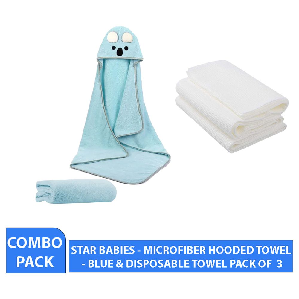 Star Babies - Microfiber Hooded Towel & Disposable Towel 3pcs - Blue