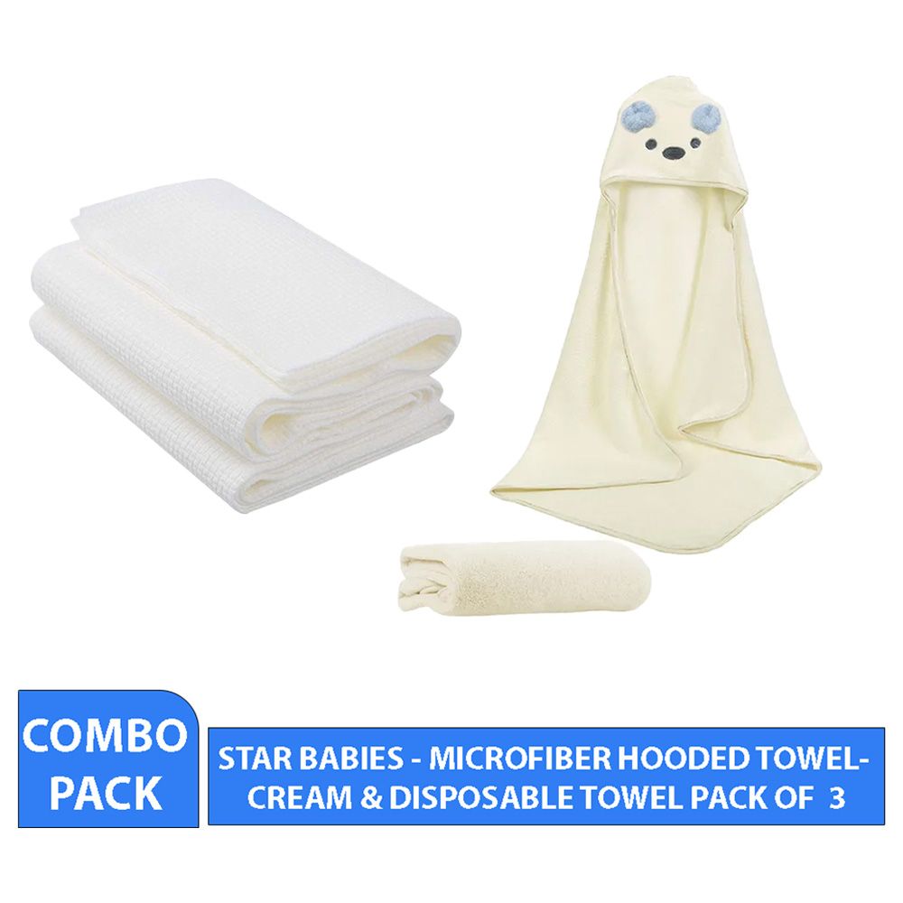 Star Babies - Microfiber Hooded Towel & Disposable Towel 3pcs - White