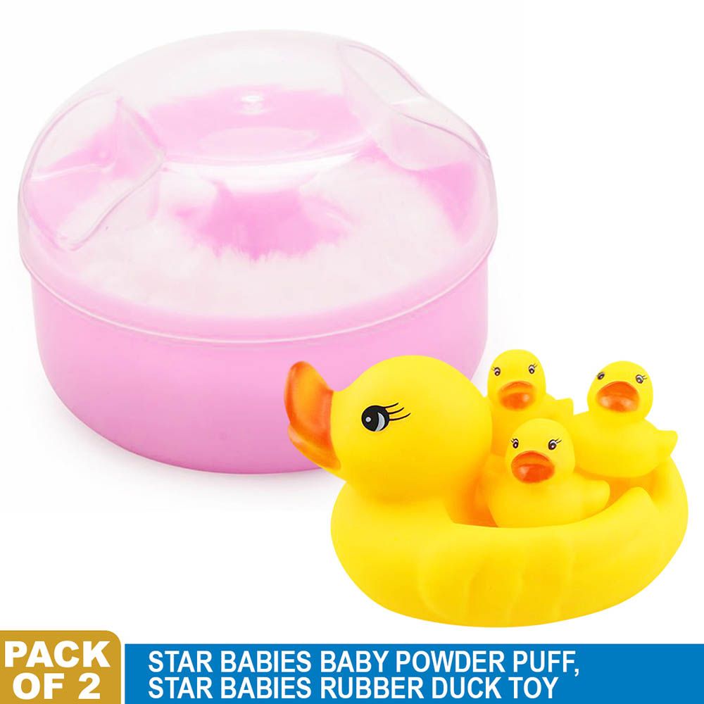 Star Babies - Powder Puff w/ Rubber Duck - Pack Of 2 - Pink/Yellow