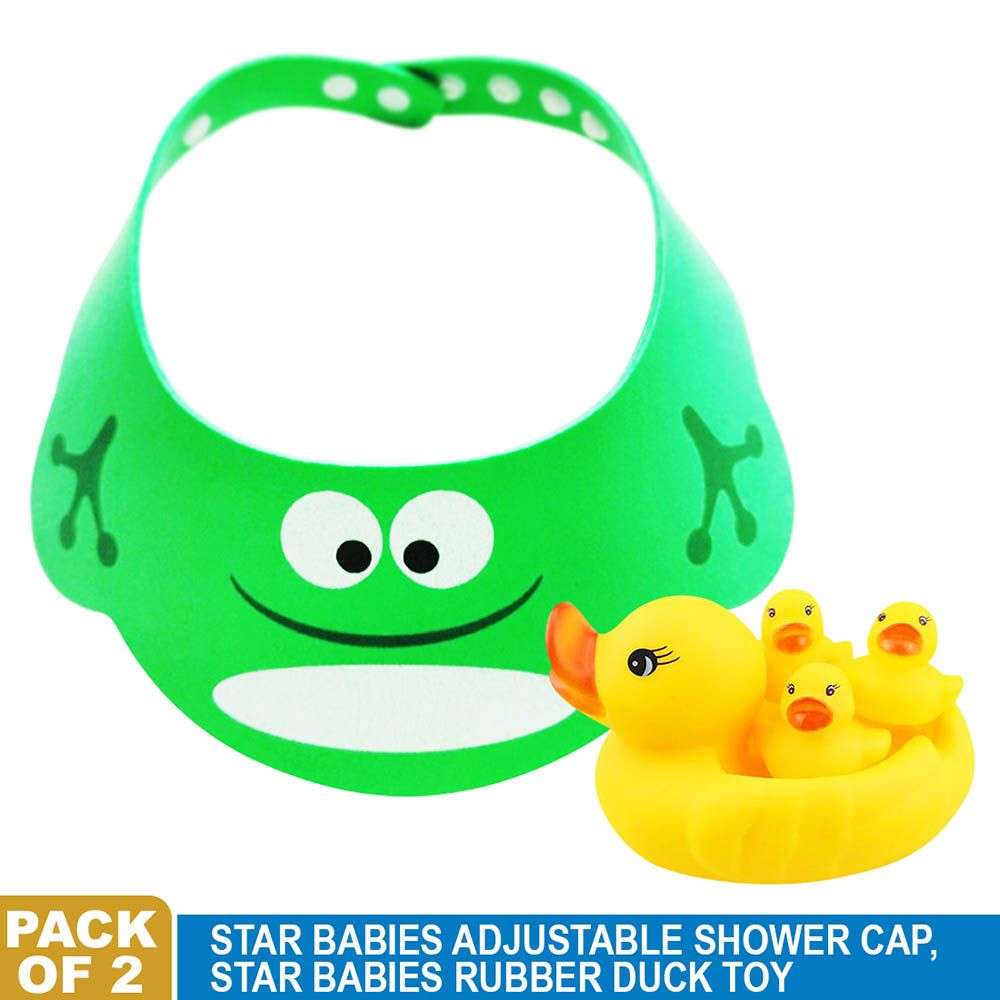 Star Babies - Shower Cap w/ Rubber Duck - Pack Of 2 - Green/Yellow