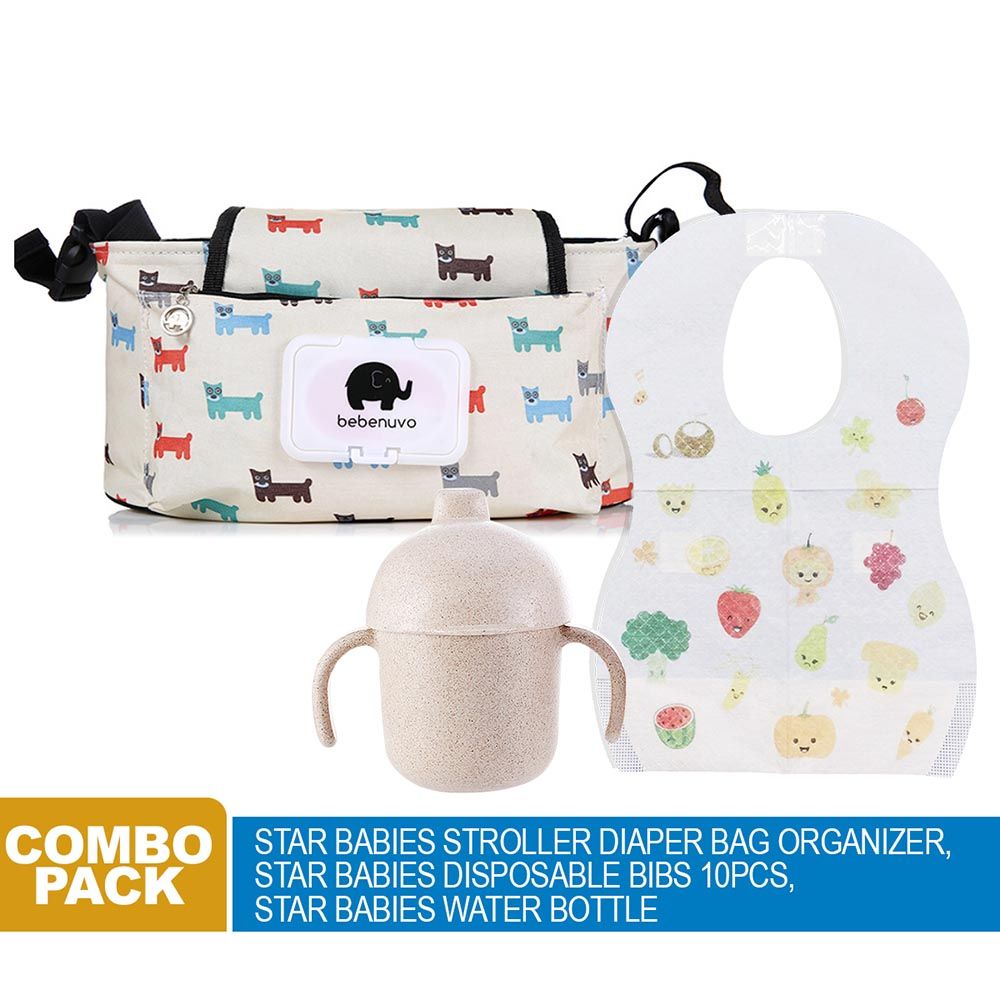 Star Babies - Stroller Bag, Bibs, Water Bottle - White