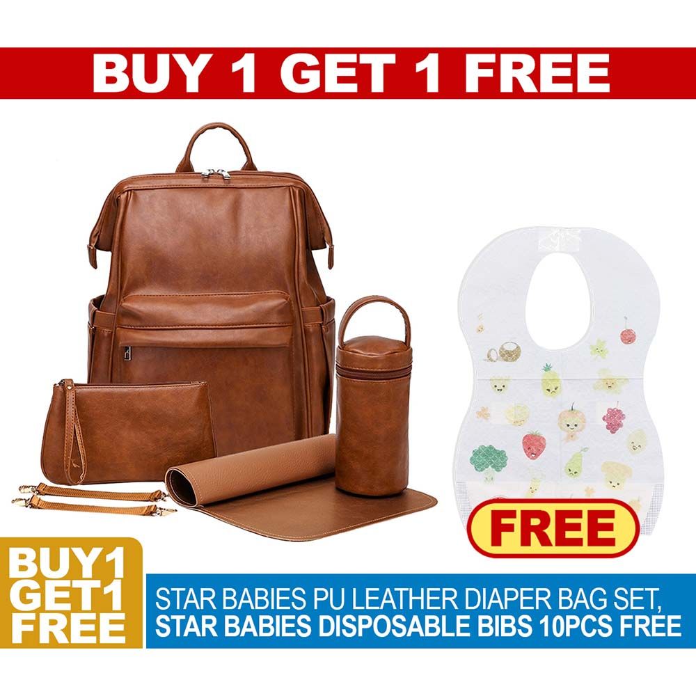 Star Babies - Leather Diaper Bag w/ Bibs 10pcs - Brown