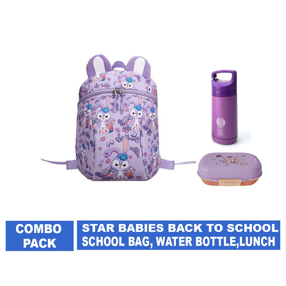 Star Babies - School Bag 9.84-inches, Water Bottle 300ml & 2 Compartment Lunch Box - Lavender