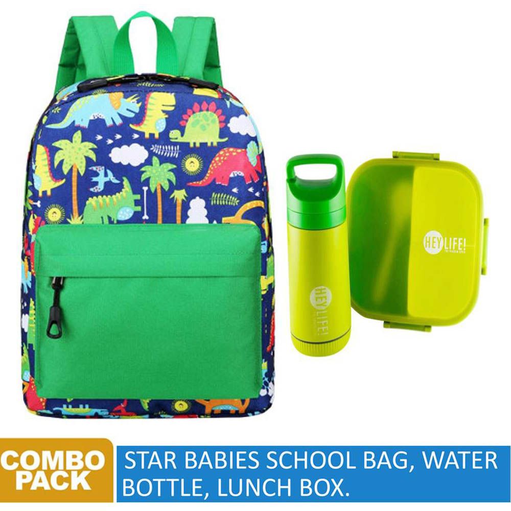 Star Babies - School Bag 13.8-inches, Water Bottle 500ml & 2 Compartment Lunch Box - Green