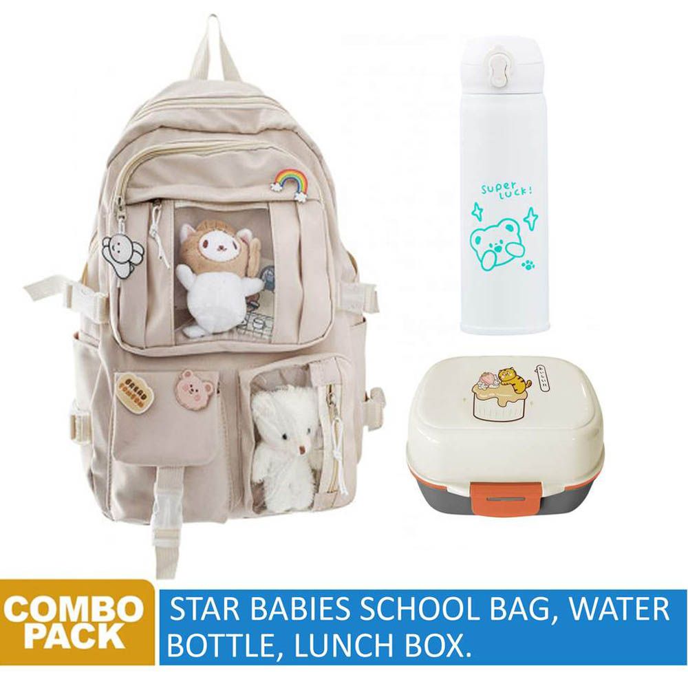 Star Babies - School Bag 17.32-inches, Water Bottle 300ml & 2 Compartment Lunch Box - White