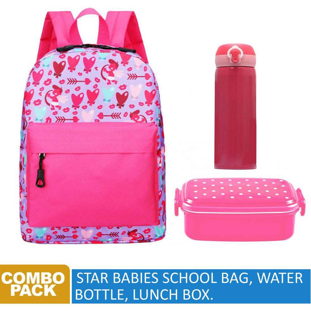 Star Babies - School Bag 13.8-inches, Water Bottle 300ml & 2 Compartment Lunch Box - Pink