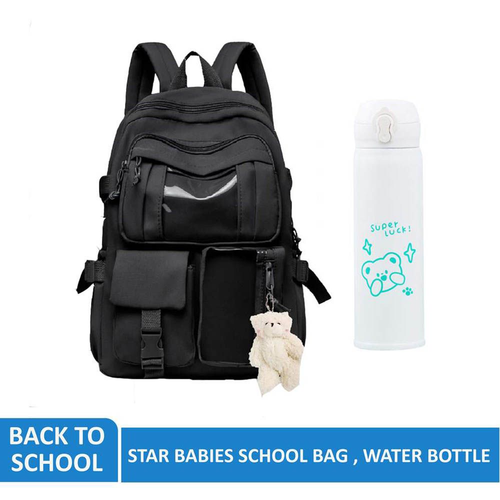 Star Babies - School Bag 17.32-inches & Water Bottle 400ml - White/Black