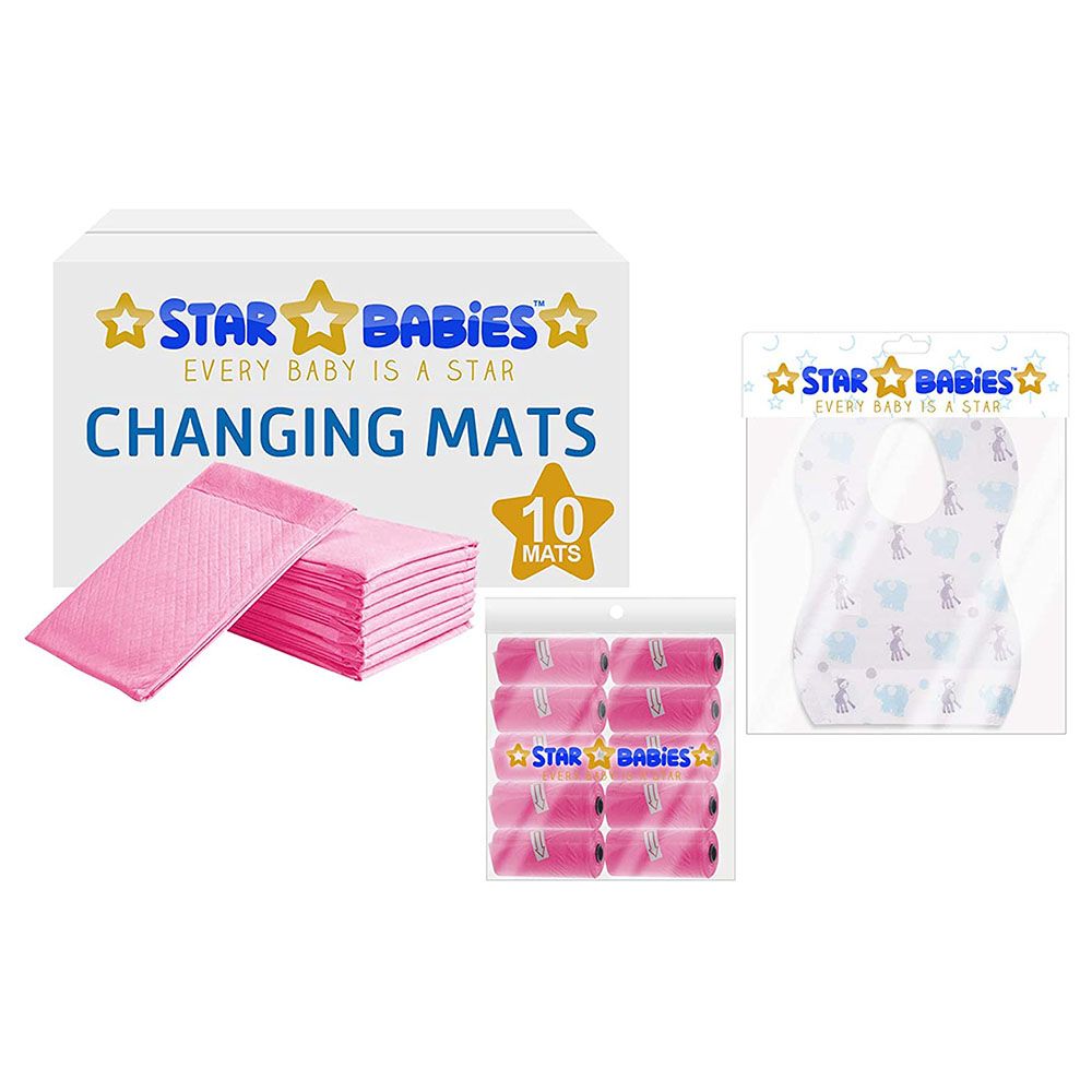 Star Babies 10pcs Changing Mats, Bibs & Scented Bag - Pink