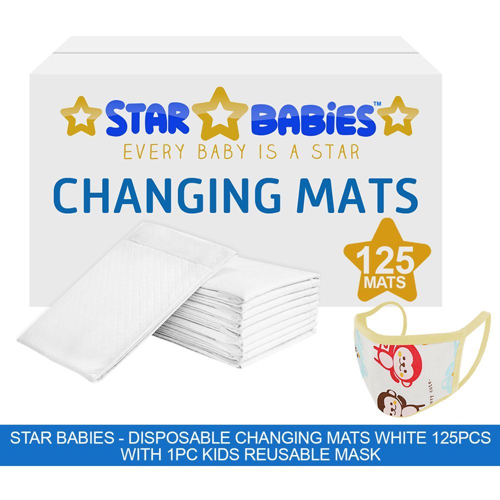 Star Babies - Disposable Changing Mats White 125Pcs W/ 1Pc Kids Reusable Mask