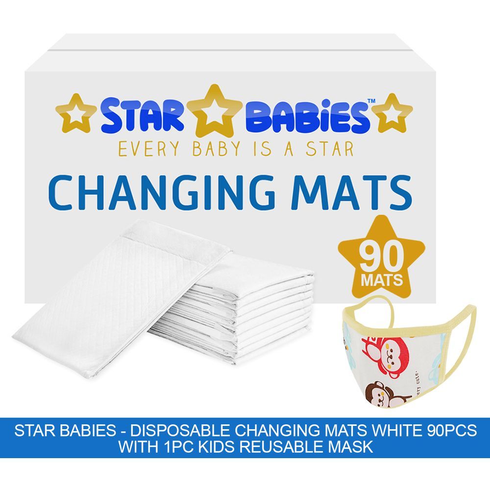 Star Babies - Disposable Changing Mats White 90Pcs W/ 1Pc Kids Reusable Mask