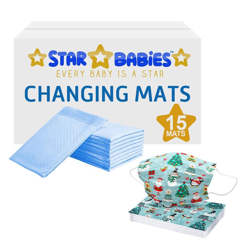 Star Babies - Disposable Changing Mats Blue/Disposable Mask Combo Pack Of 15