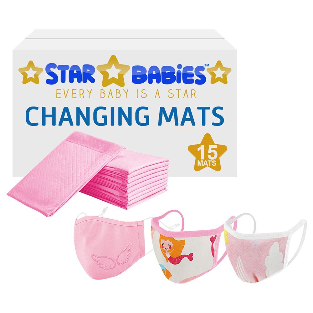 Star Babies Combo Pack, 15Pcs Disposable Changing Mats Pink/3Pcs Kids Reusable Mask