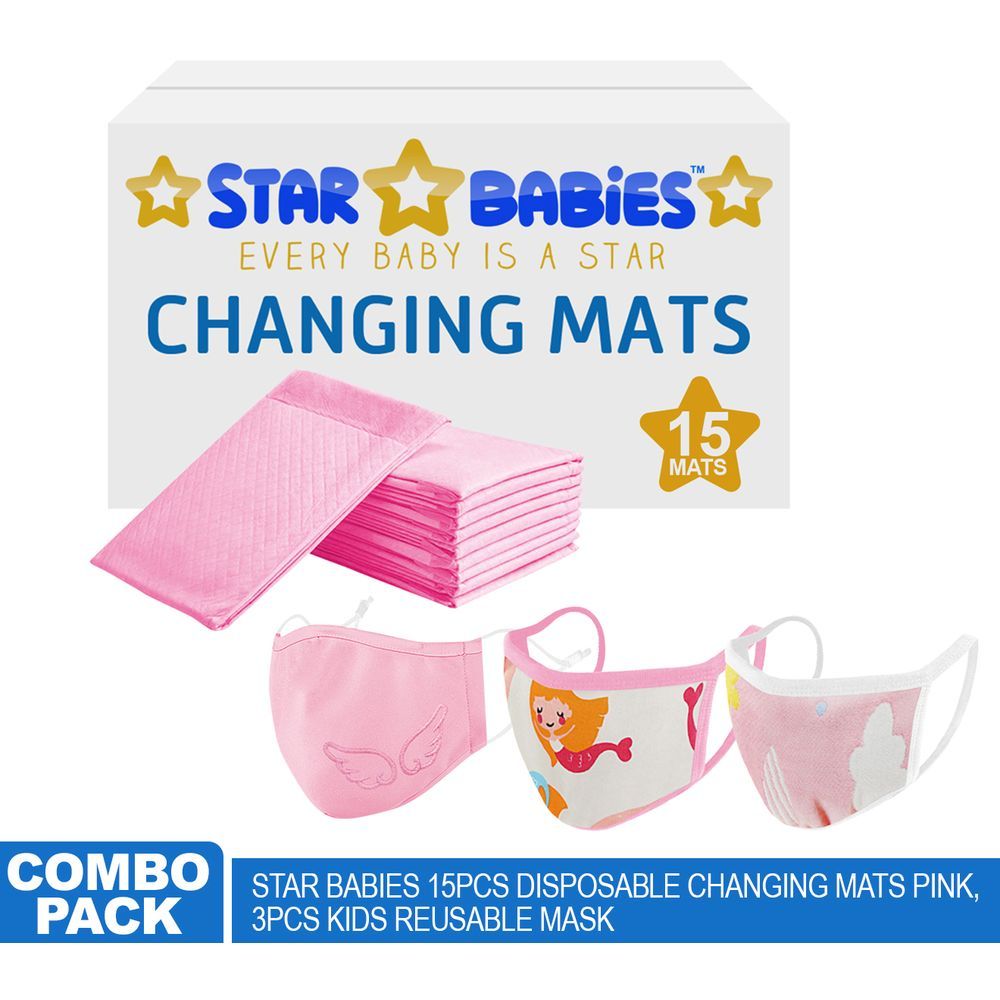 Star Babies Combo Pack, 15Pcs Disposable Changing Mats Pink/3Pcs Kids Reusable Mask