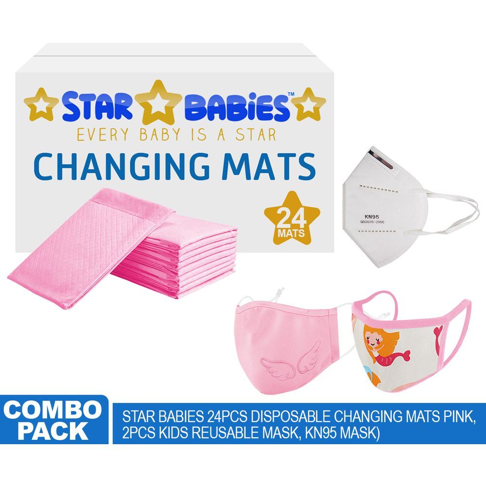 Star Babies Combo Pack, 24Pcs Disposable Changing Mats Pink/2Pcs Kids Reusable Mask/KN95 Mask