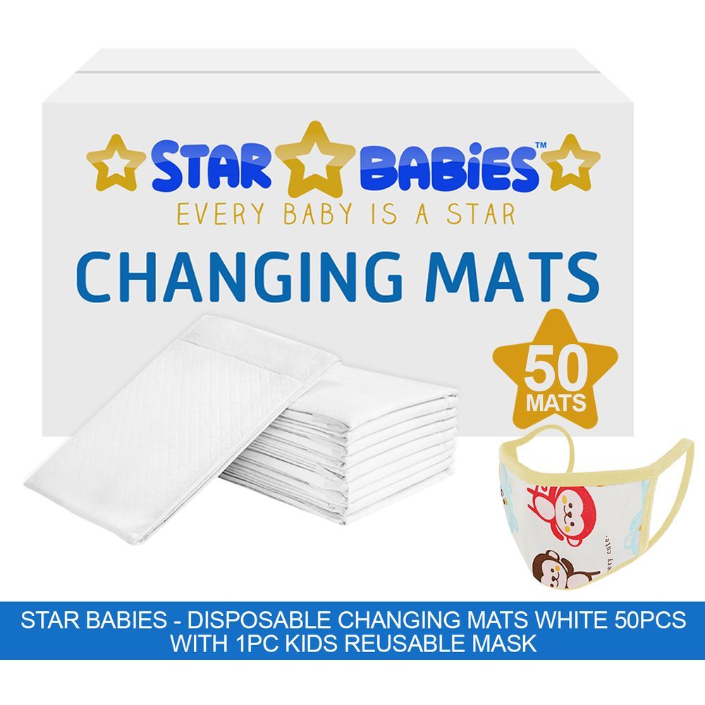 Star Babies - Disposable Changing Mats White 50Pcs W/ 1Pc Kids Reusable Mask