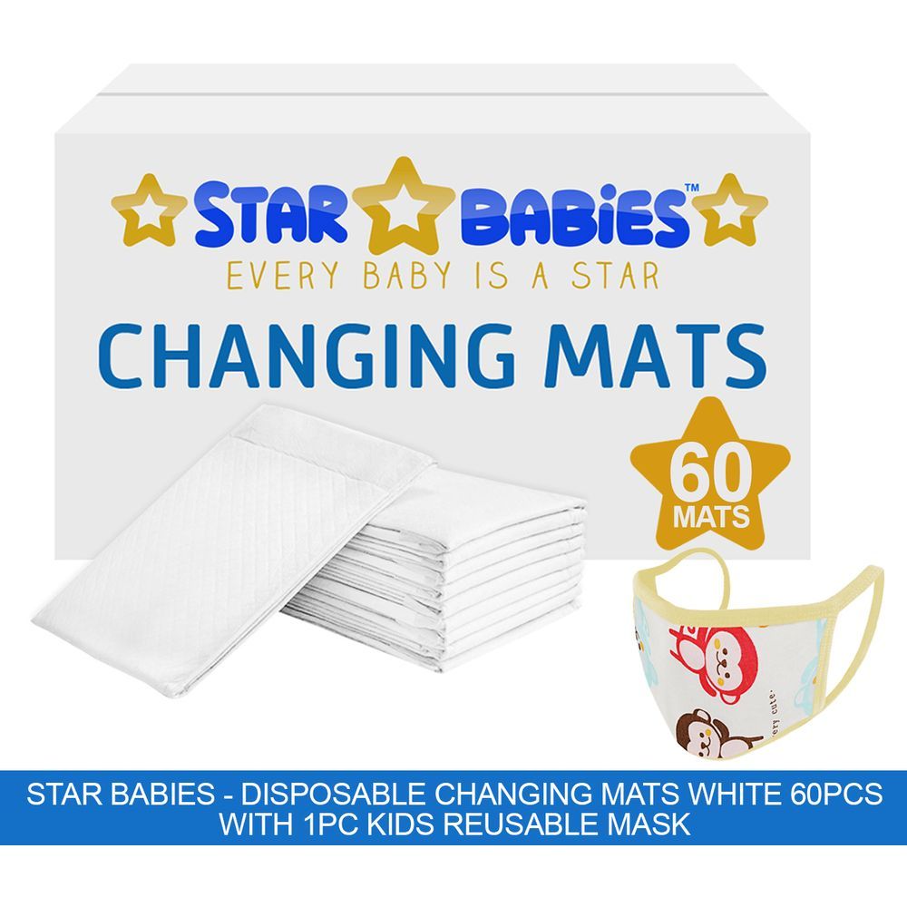 Star Babies - Disposable Changing Mats White 60Pcs W/ 1Pc Kids Reusable Mask