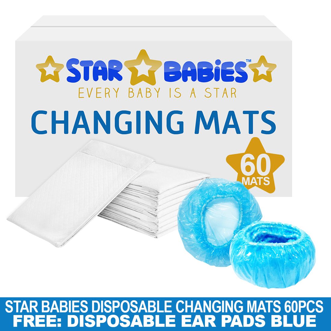 Star Babies White Disposable Changing Mats - Pack of 60 with 10pcs Ear Cover Free