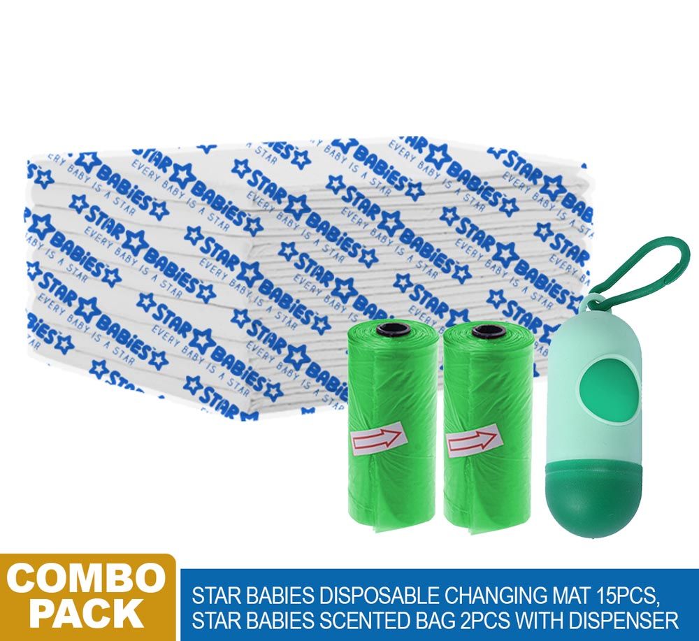 Star Babies - Combo - Disposable Changing Mat 15pcs + Scented Bag 2pcs + Dispenser