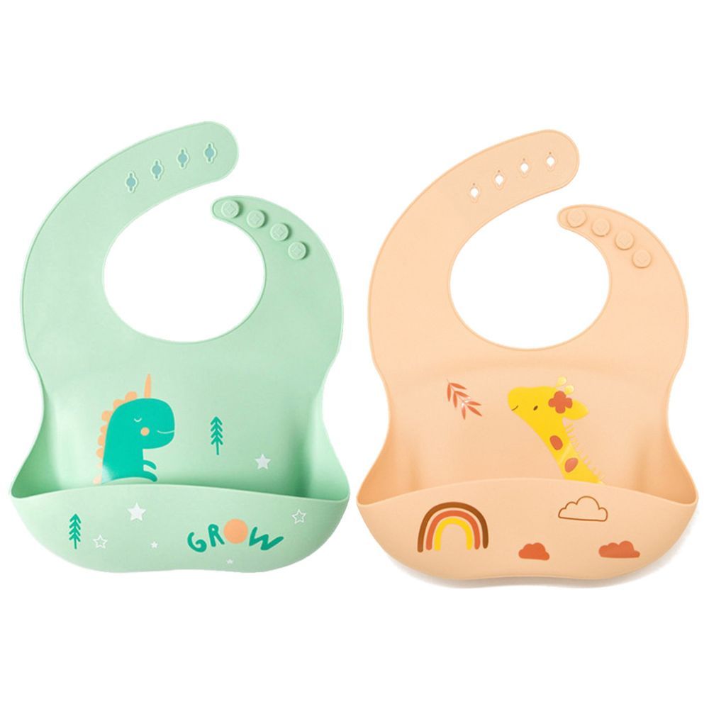 Pixie Baby - Silicone Bibs Pack of 2 - Dinasaur, Jeraff