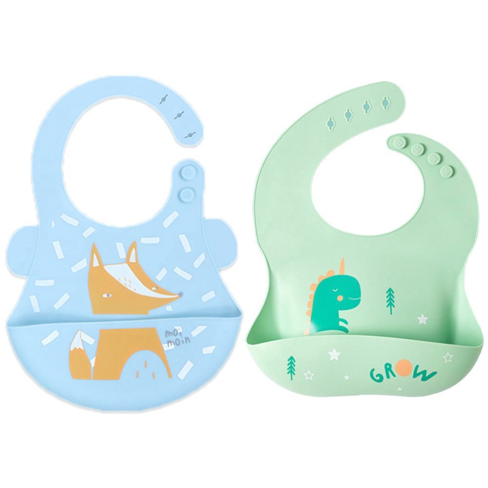 Pixie Baby - Silicone Bibs Pack of 2 - Fox, Dinosaur