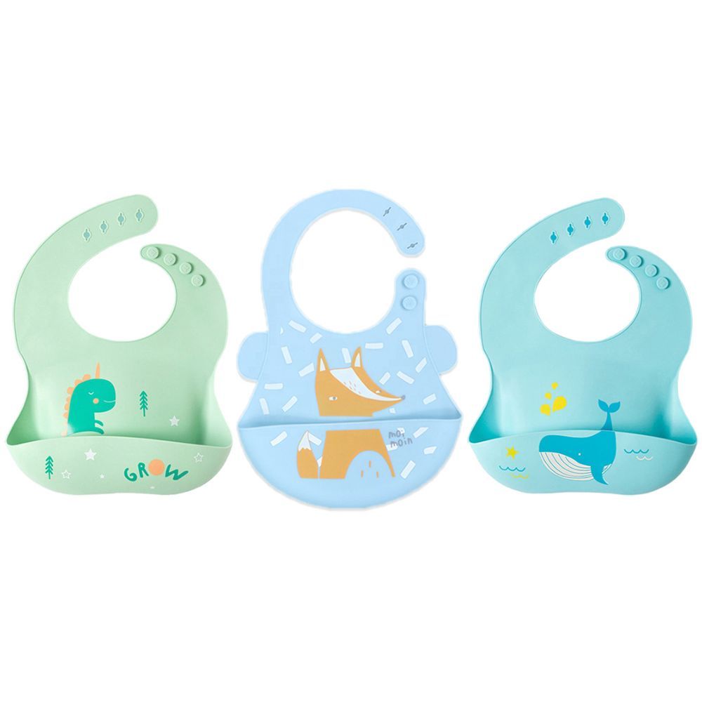 Pixie Baby - Silicone Bibs Pack of 3 - Dinosaur, Fox, Whale