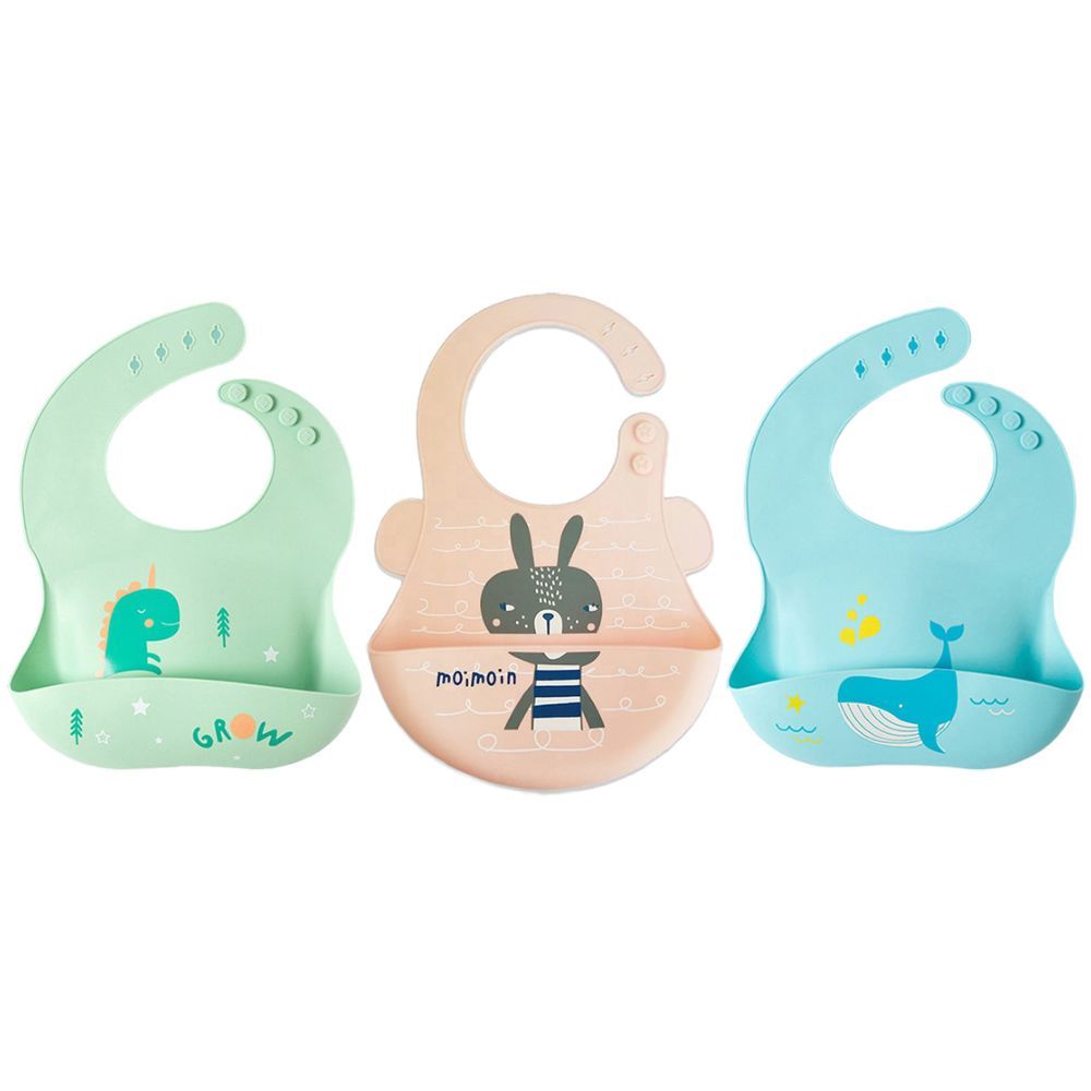 Pixie Baby - Silicone Bibs Pack of 3 - Dinosaur, Squirrel, Whale