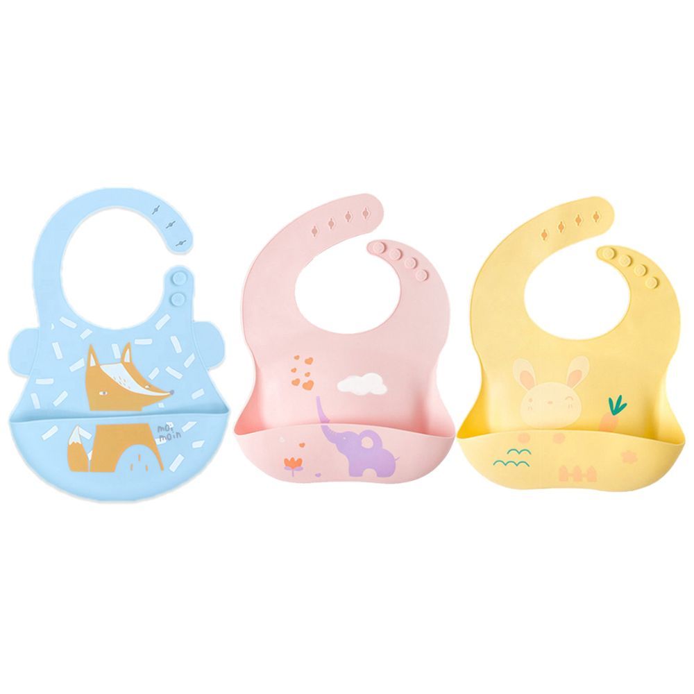 Pixie Baby - Silicone Bibs Pack of 3 - Fox, Elephant, Bunny