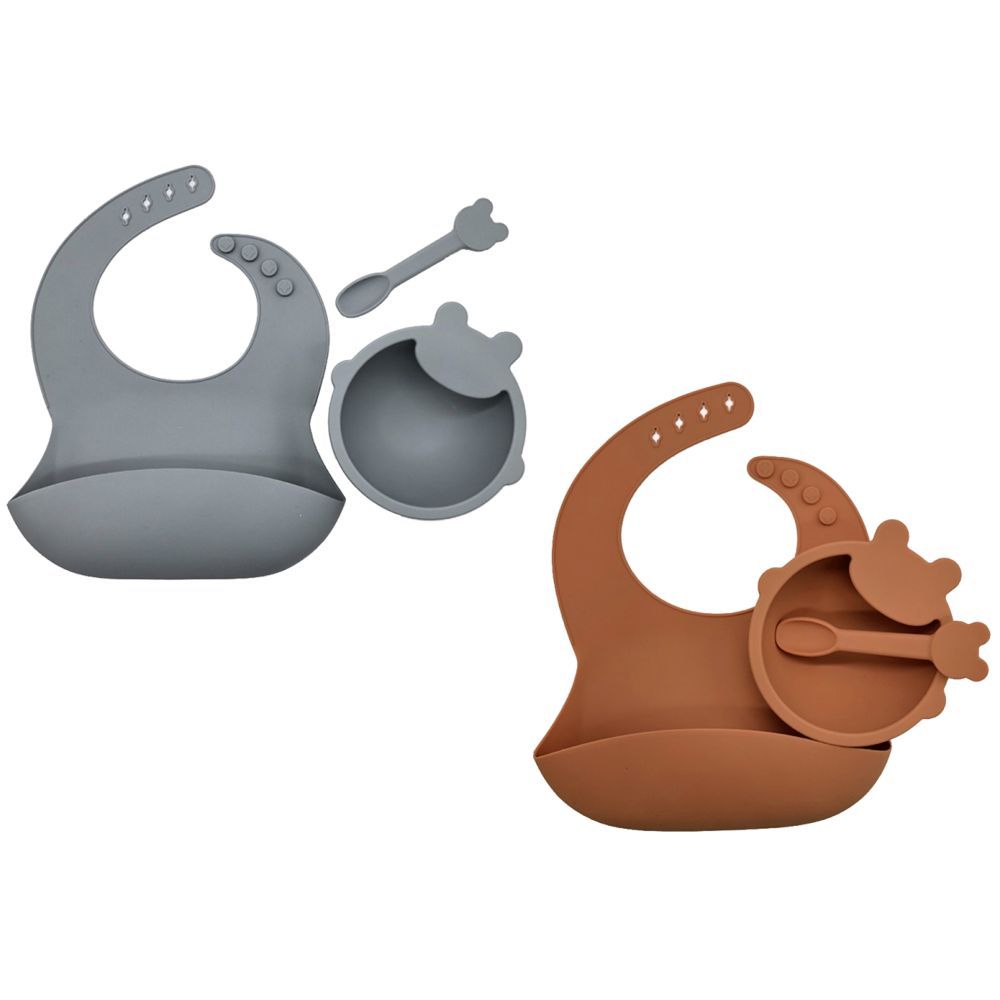 Pixie Baby - Silicone Feeding Set Pack of 2 - Gray, Brown