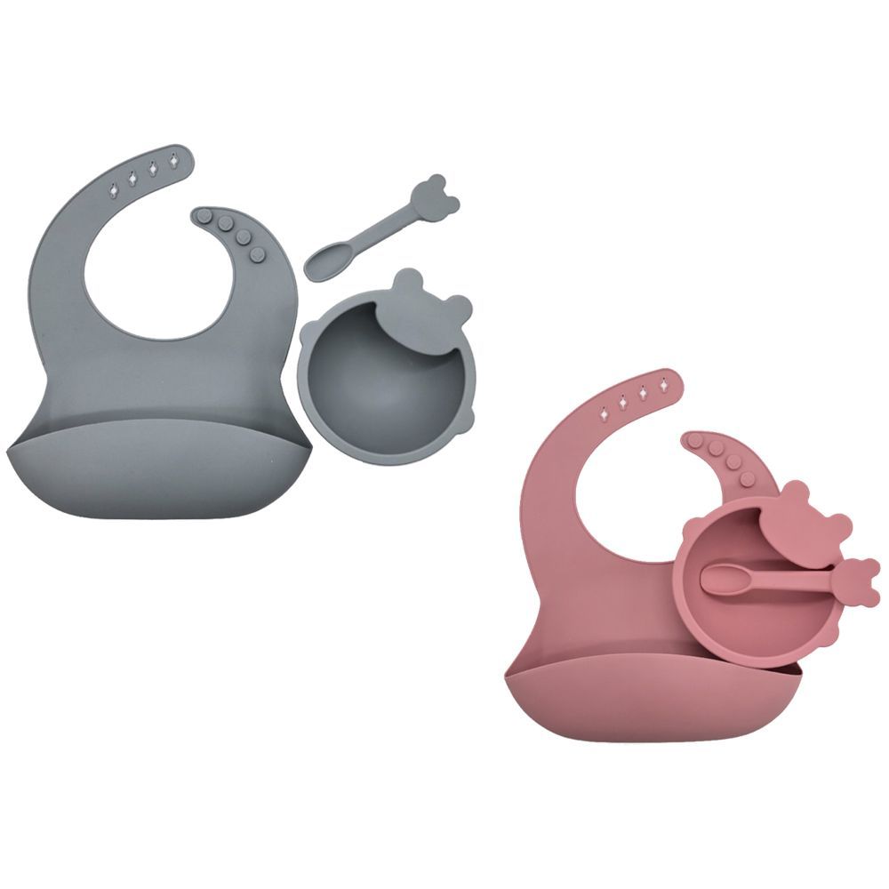 Pixie Baby - Silicone Feeding Set Pack of 2 - Gray, Pink