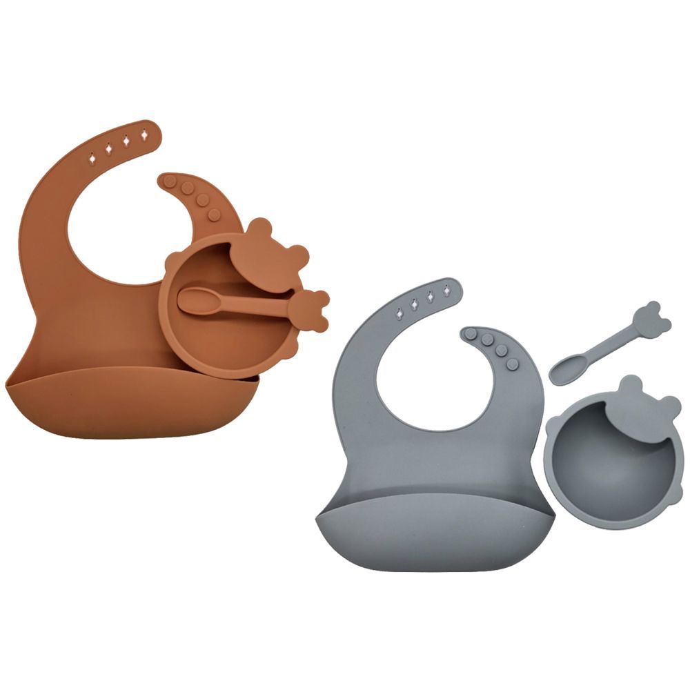 Pixie Baby - Silicone Feeding Set Pack of 2 - Brown, Gray