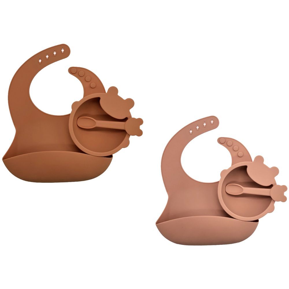 Pixie Baby - Silicone Feeding Set Pack of 2 - Brown, Peach