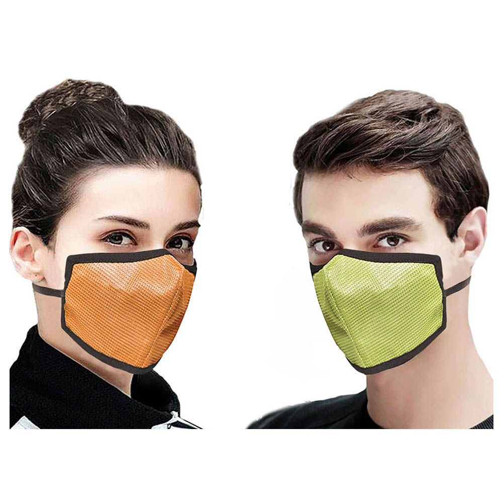 Swayam 4-Layer Protective Face Mask Pack Of 2 Green & Orange