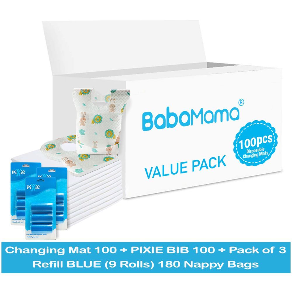 Babamama - Changing Mats 100 + Pixie - Bib 100 + Pack Of 3 Refill Blue 180 Nappy Bags 