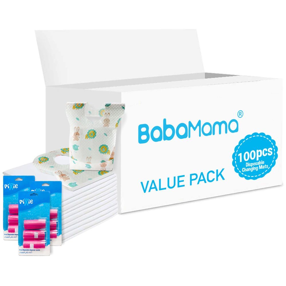 Babamama - Changing Mats 100 + Pixie - Bib 100 + Pack Of 3 Refill Pink 180 Nappy Bags 