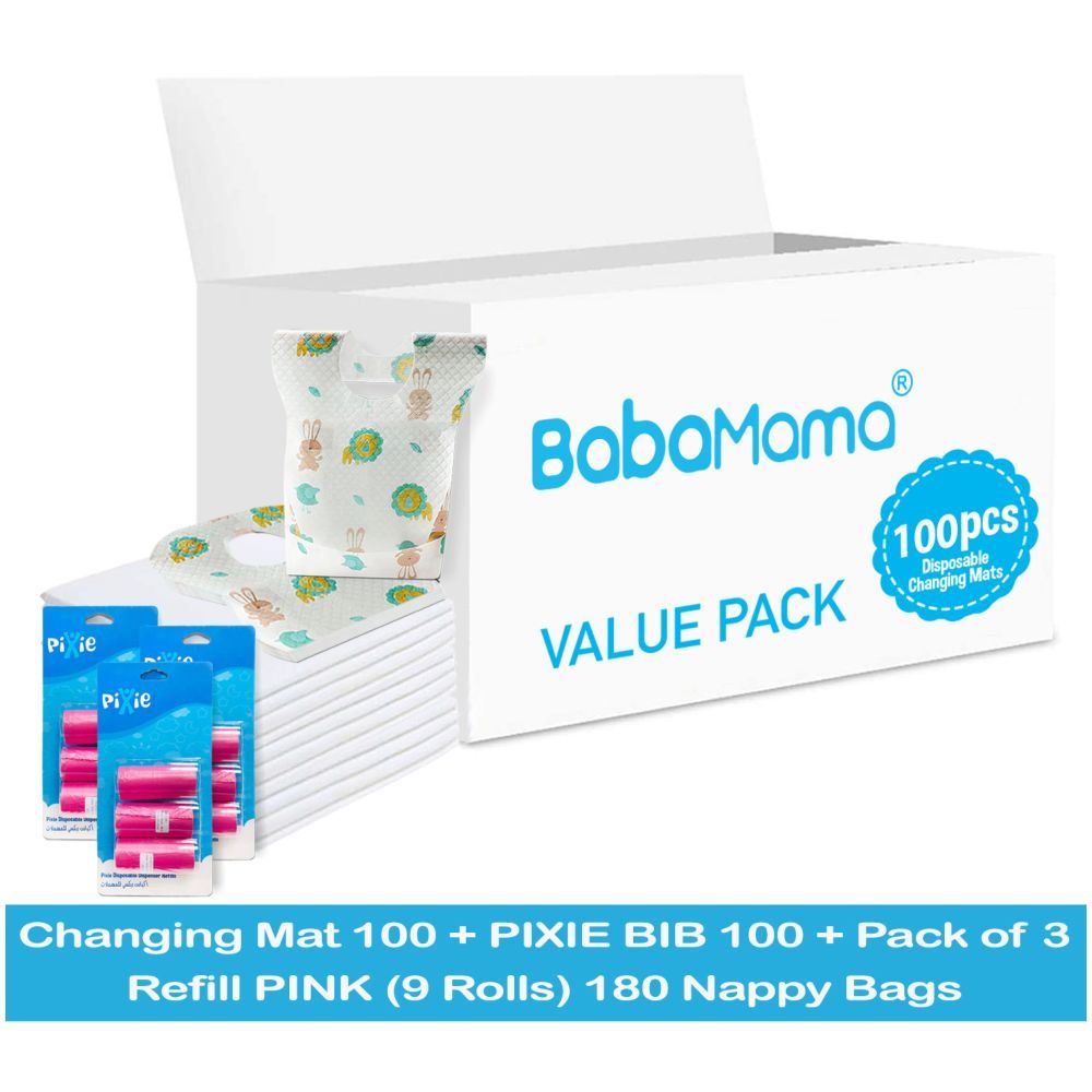 Babamama - Changing Mats 100 + Pixie - Bib 100 + Pack Of 3 Refill Pink 180 Nappy Bags 