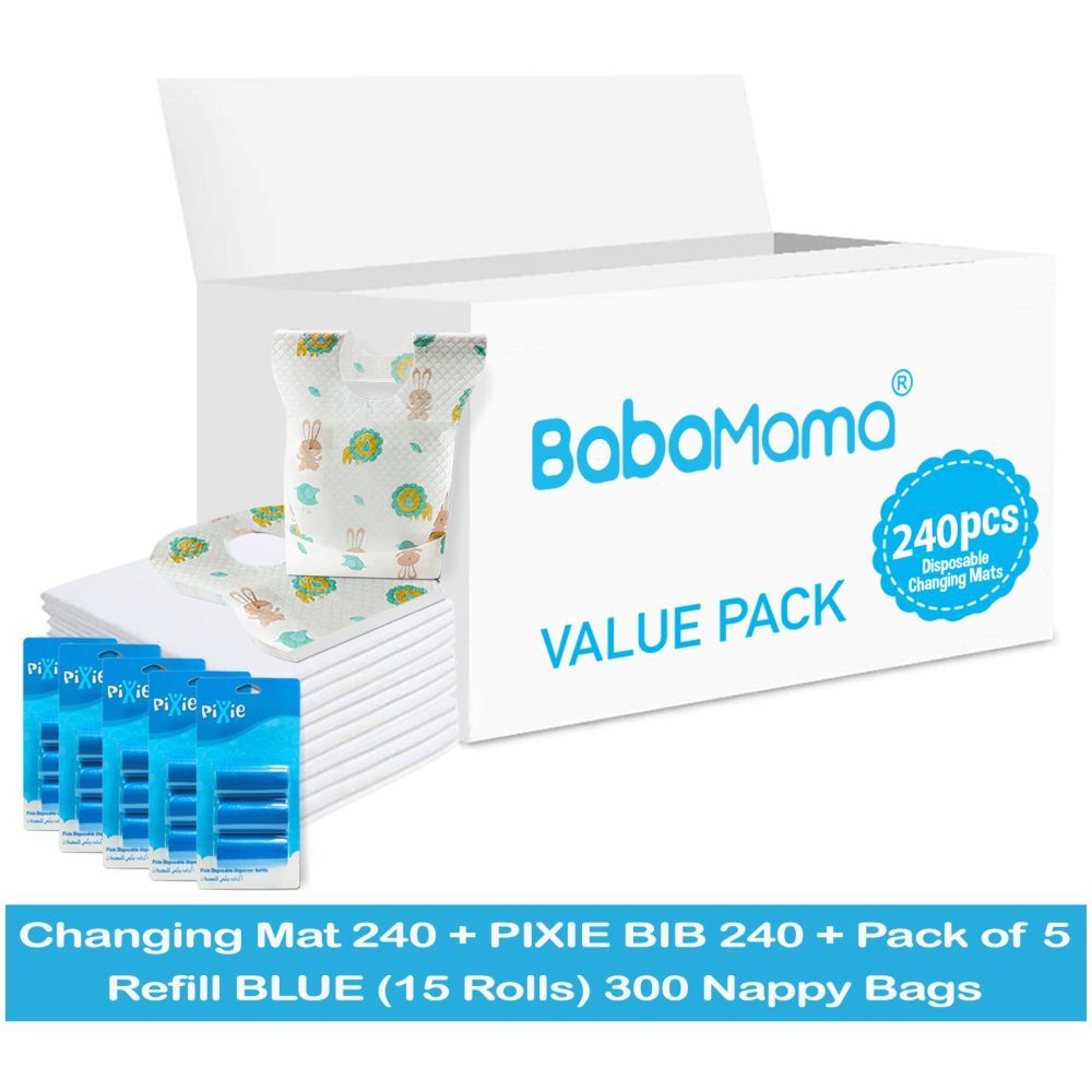 Babamama - Changing Mats 240 + Pixie - Bib 240 + Pack Of 5 Refill Blue 300 Nappy Bags 