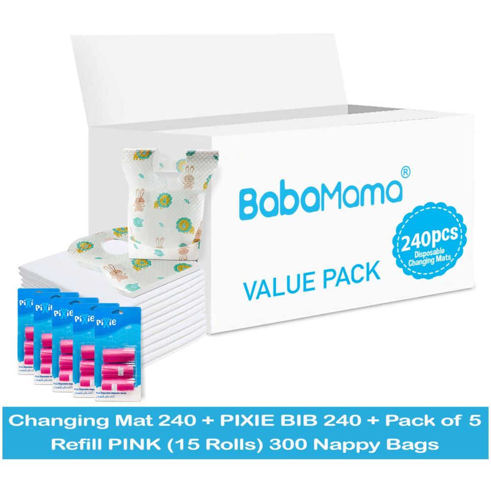 Babamama - Changing Mats 240 + Pixie - Bib 240 + Pack Of 5 Refill Pink 300 Nappy Bags 